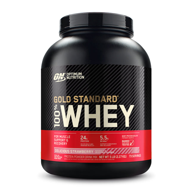 Optimum Nutrition Gold Standard 100% Whey Protein, Strawberries & Cream flavor, 5 lbs, 73 servings”