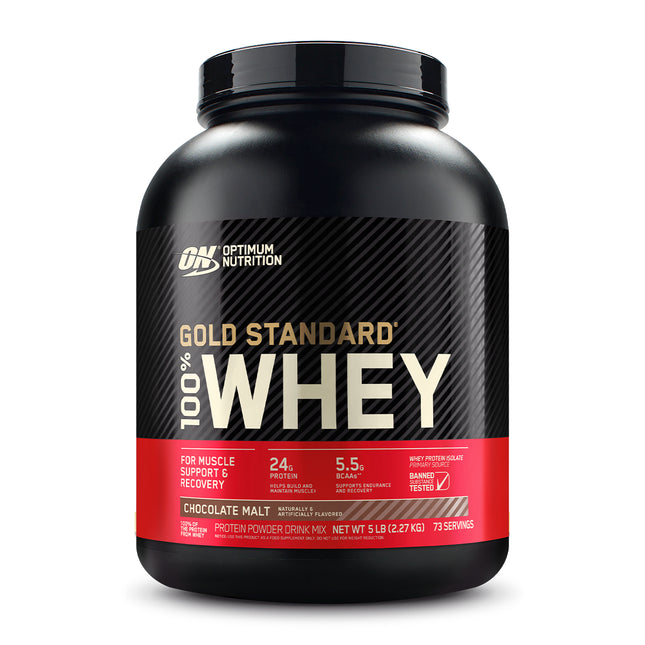 Optimum Nutrition Gold Standard 100% Whey Protein, Chocolate Malt flavor, 5 lbs, 74 servings”