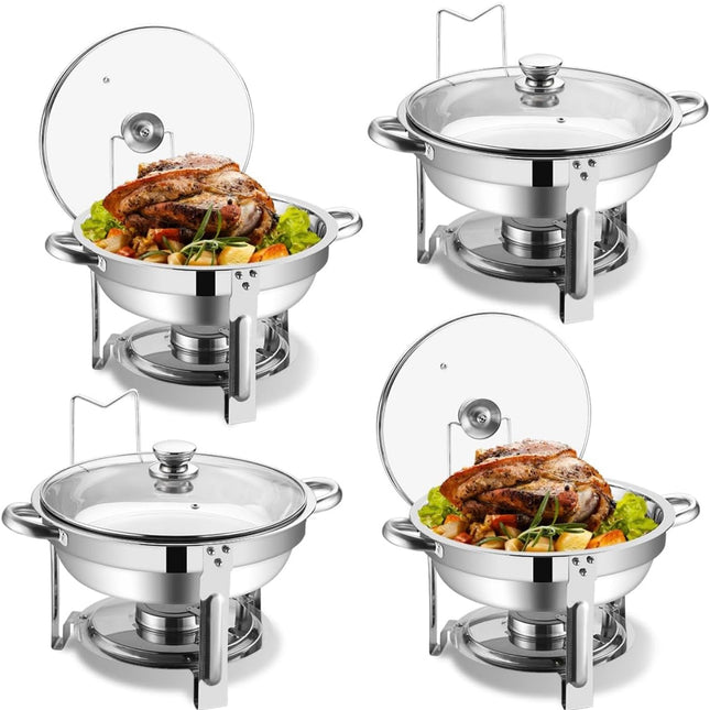 “PESFEEL Chafing Dish Buffet Set, stainless steel, 5QT round buffet servers, glass lids, 4 pack”