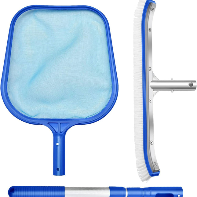 TOPDING & HZ Swimming Pool Cleaner Set with telescopic aluminum pole, pool skimmer leaf net, pool brush head, open box new”