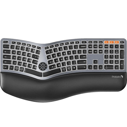  ProtoArc Backlit Wireless Ergonomic Keyboard, EK01 Plus, split design, cushioned wrist rest, space gray”

