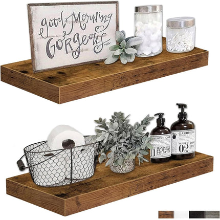 QEEIG 24-inch rustic brown floating bathroom shelves, set of 2, farmhouse style wall-mounted storage.”