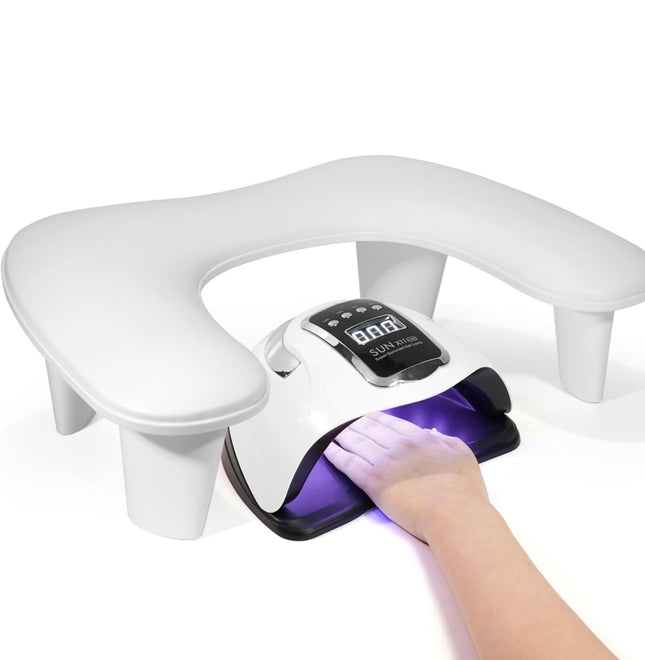 “Quaferen U-shaped manicure nail arm rest, white, microfiber PU leather, silicone anti-slip pads, ergonomic design”