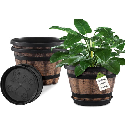 Quarut 3 Pack 10 Inch Plant Pots, whiskey barrel design, with drainage holes and saucer, brown plastic planters”