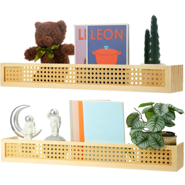 Qunclay 24 inch rattan floating shelf, nursery wall shelf, wicker wall shelf, boho bookcase for kids, 2 pieces set”