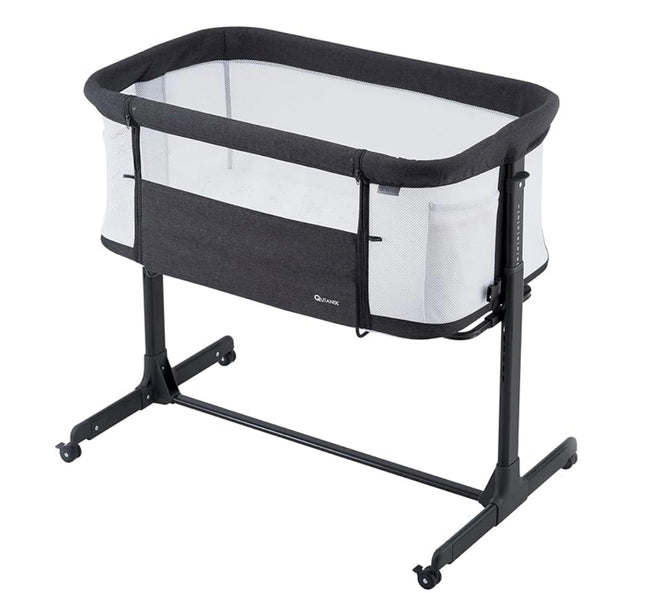 QUTANIX Baby Bassinet Bedside Sleeper, Grey, with wheels, easy folding, lightweight crib for baby/infants, breathable mesh sides”
