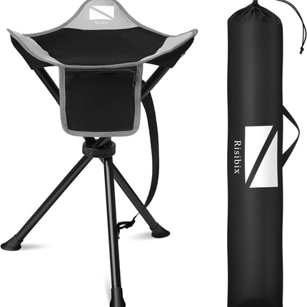 RISIBIX Foldable Tripod Stool, ultra portable camping chair, black and gray, 20-inch high seat for tall people with hidden zippered pocket”
