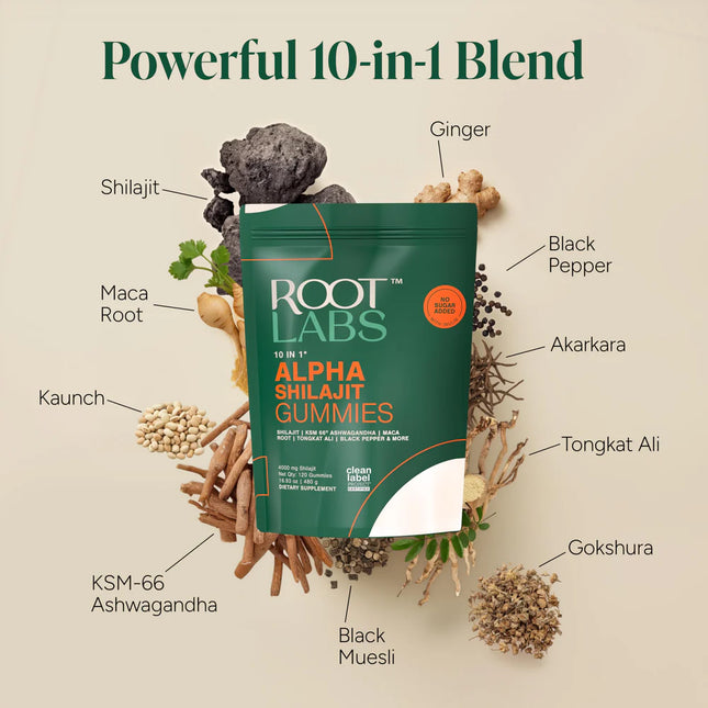 ROOT LABS 10-in-1 Alpha Shilajit Gummies | 4000 mg Himalayan Shilajit + Maca & Tongkat Ali - 120 Gummies