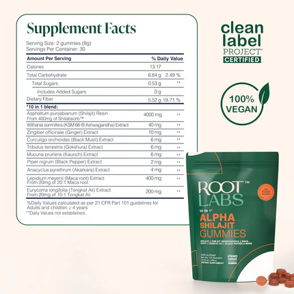 ROOT LABS 10-in-1 Alpha Shilajit Gummies | 4000 mg Himalayan Shilajit + Maca & Tongkat Ali - 120 Gummies