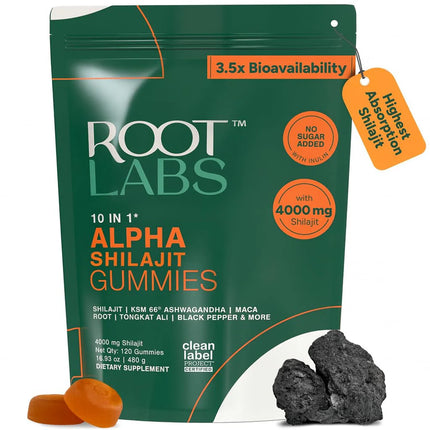 ROOT LABS 10-in-1 Alpha Shilajit Gummies | 4000 mg Himalayan Shilajit + Maca & Tongkat Ali - 120 Gummies