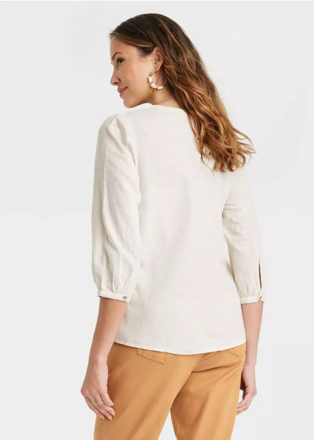 Women's 3/4 Sleeve Button Down Shirt Top Blouse - Knox Rose, New - Ivory, Size L