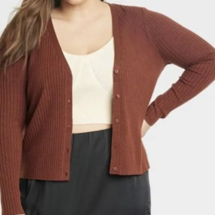 Women's Button-Front Fine Gauge Ribbed Cardigan - A New Day™, New - Brown, Size M