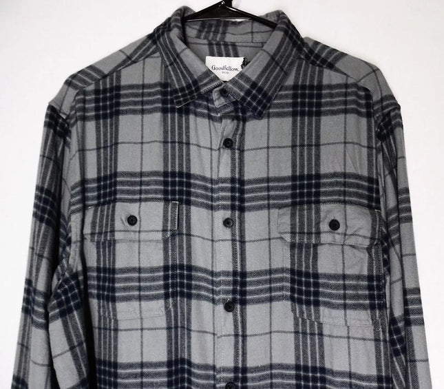 Men's Midweight Flannel Long Sleeve Button-Down Shirt - Goodfellow™, New, Gray Plaid, Size L, XL