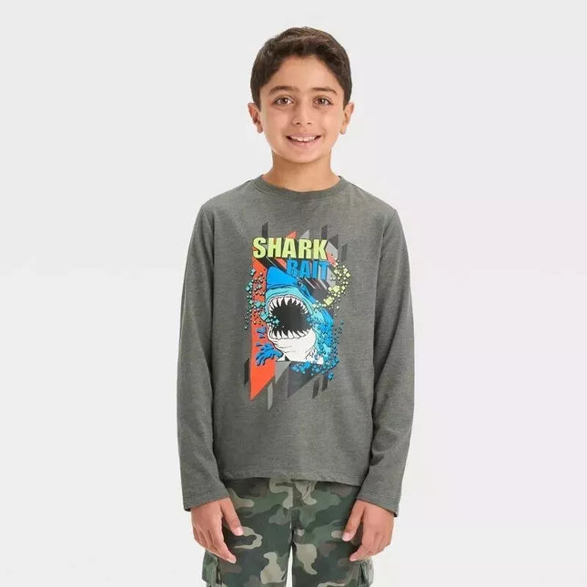 Boys' Long Sleeve 'Shark Bait' Graphic T-Shirt - Cat & Jack™, New, Charcoal Gray, Size- 6,8,14