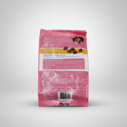 Back view of a pink cat food package with text and a barcode on a white background