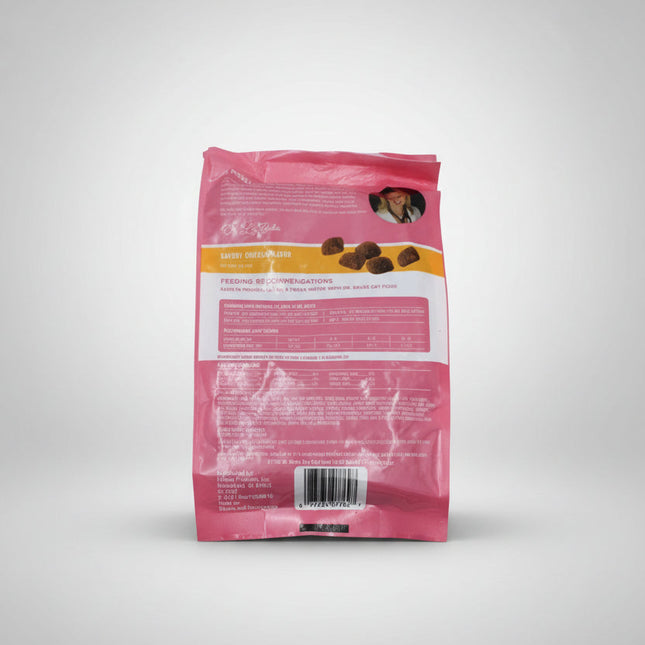 Back view of a pink cat food package with text and a barcode on a white background