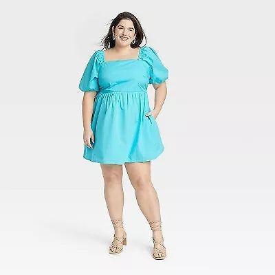 Women's Puff 3/4 Sleeve Dress - A New Day™, New, Aqua Blue, Size 4XL