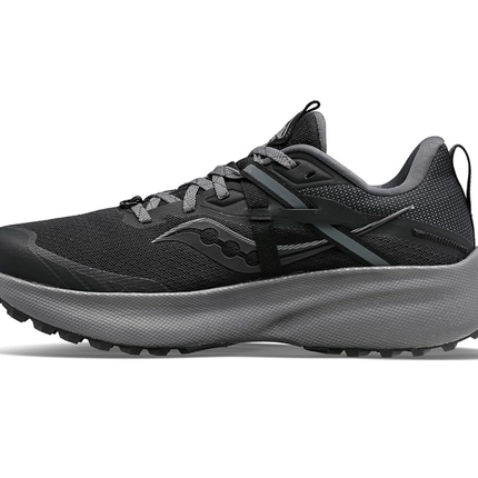 Saucony Ride 15 TR GTX Women’s Shoes in black/charcoal, size 7.5, featuring Gore-Tex technology for waterproof protection and responsive cushioning.