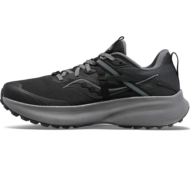 Saucony Ride 15 TR GTX Women’s Shoes in black/charcoal, size 7.5, featuring Gore-Tex technology for waterproof protection and responsive cushioning.