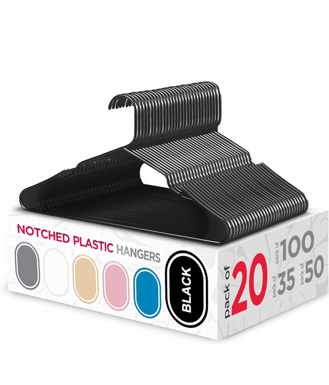 Sharpty Plastic Hangers, 20-pack, black, slim space-saving design, heavy-duty, notched”
