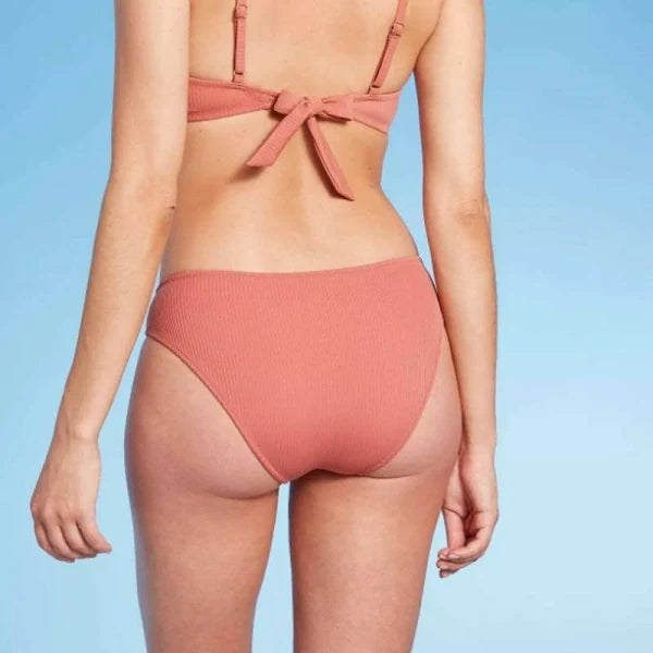 Women's Ribbed Hipster Bikini Bottom - Shade & Shore™, New, Pink, Cheeky Cut, Low Rise, Full Lining, Size L (12-14)