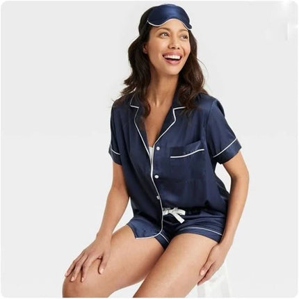 Women's 3-Piece Satin Short Sleeve Top and Shorts Set with Eye Mask - Stars Above™, New, Blue, Size S,M