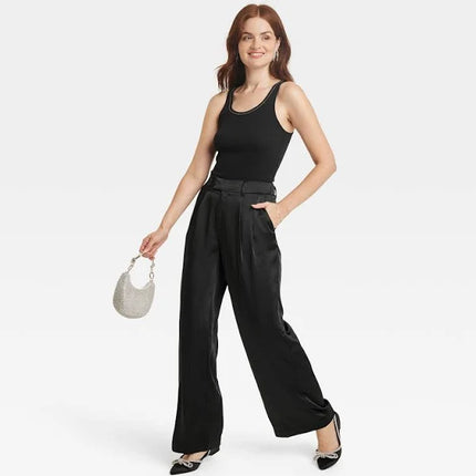 Women's High-Rise Wide Leg Satin Pants - A New Day™, New - Black, Size 6