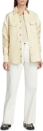 Khaite Women's Bea Oversize Leather Snap-Up Shirt, Beige, New, Size XS