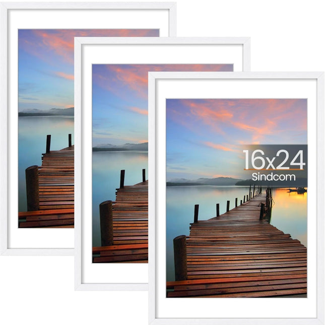 Sindcom 16x24 white poster frames, 3 pack with detachable mat for 14x20 prints, wall mounting horizontal and vertical display”