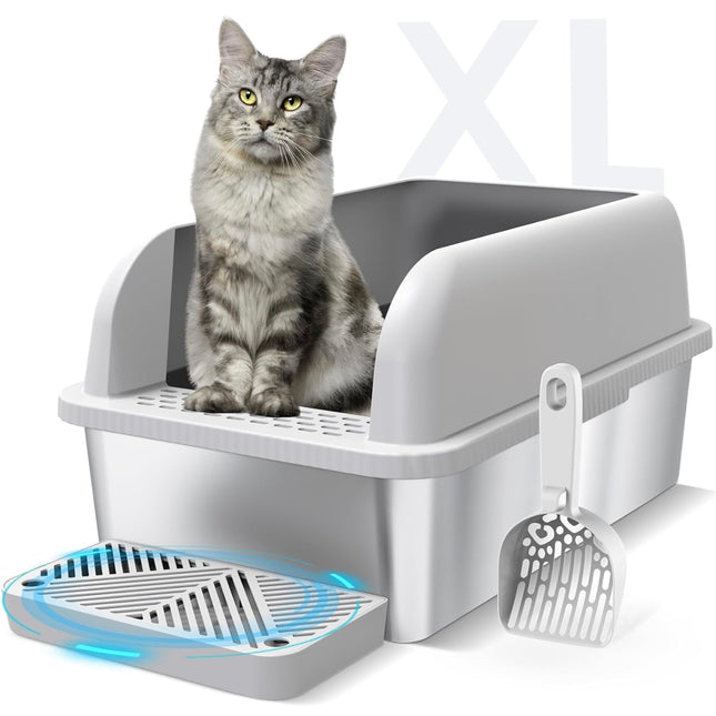 Suzzipaws XL Enclosed Stainless Steel Cat Litter Box with Lid, light grey and silver, new open box”