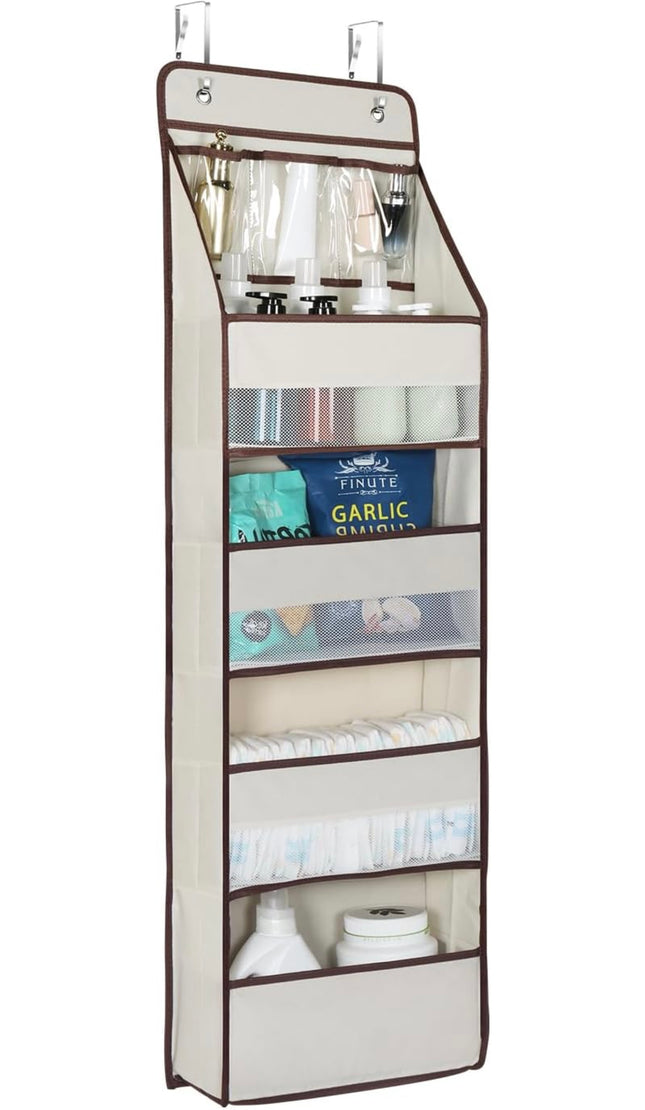 Univivi door hanging organizer with 4 large and 3 small PVC pockets, beige, space-saving storage solution”
