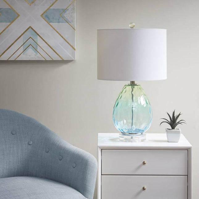 Urban Habitat Glass Table Lamp with White Drum Shade, 24.25 inches tall, new open box, ombre effect, textured glass base”