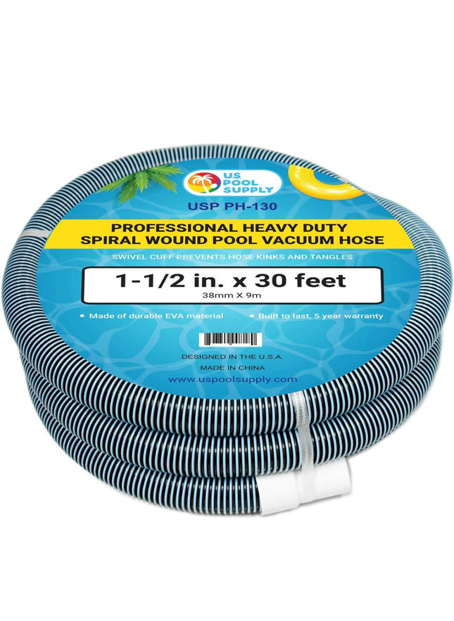 U.S. Pool Supply Professional Heavy Duty Spiral Wound Pool Vacuum Hose, 1-1/2 inch x 30 feet, durable EVA material, swivel cuff”