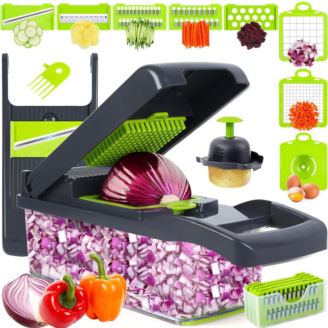 10-in-1 vegetable chopper and mandolin slicer with adjustable blades and container, gray”