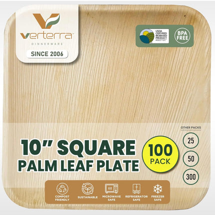 “Verterra 10-Inch Square Palm Leaf Plates, 100-pack, eco-friendly disposable dinnerware, new open box”
