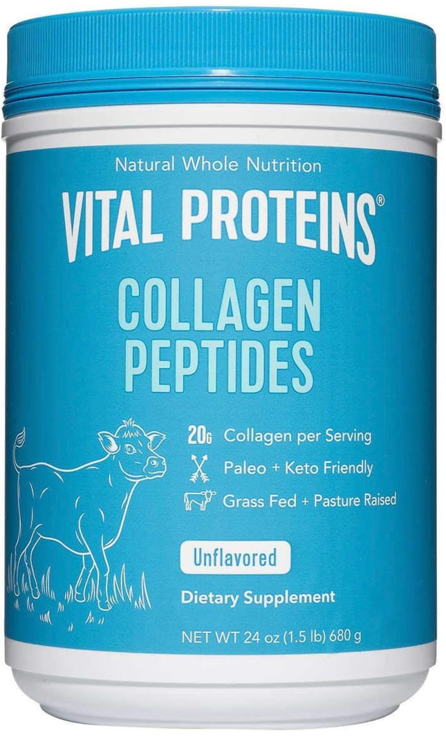 “Vital Proteins Natural Whole Nutrition Collagen Peptides, 24 oz, unflavored, supports skin, hair, nails, and joints”