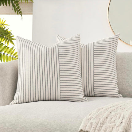  Volcanics Farmhouse Pillow Covers 20x20, set of 2 striped patchwork linen decorative throw pillow covers, gray and beige”

