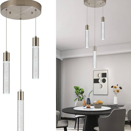  VOTAG 3-Light Pendant Light Fixture, Satin Nickel, Bubble Crystal LED Design, Adjustable Height, Dimmable LED Bulbs”