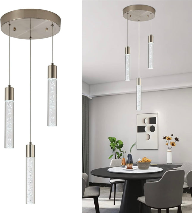 VOTAG 3-Light Pendant Light Fixture, Satin Nickel, Bubble Crystal LED Design, Adjustable Height, Dimmable LED Bulbs”