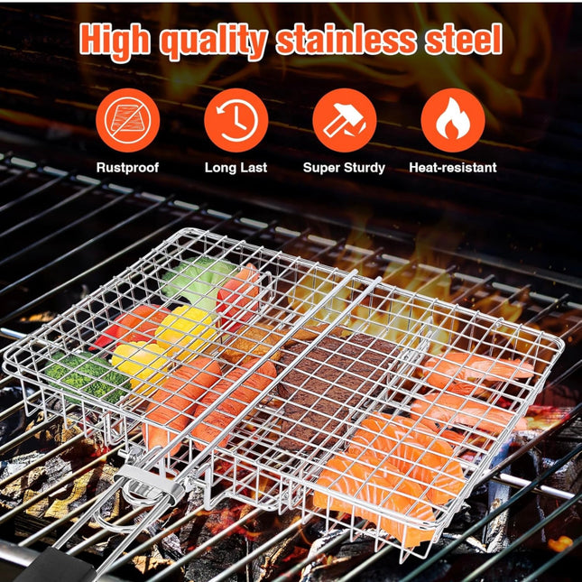 WADEO 1PC Stainless Steel Foldable BBQ Basket with handle, portable grilling basket for fish, shrimp, vegetables, barbeque griller cooking accessories”