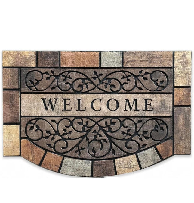 “Welcome doormat, heavy-duty rubber backing, 36x24 inches, durable outdoor mat, elegant design”