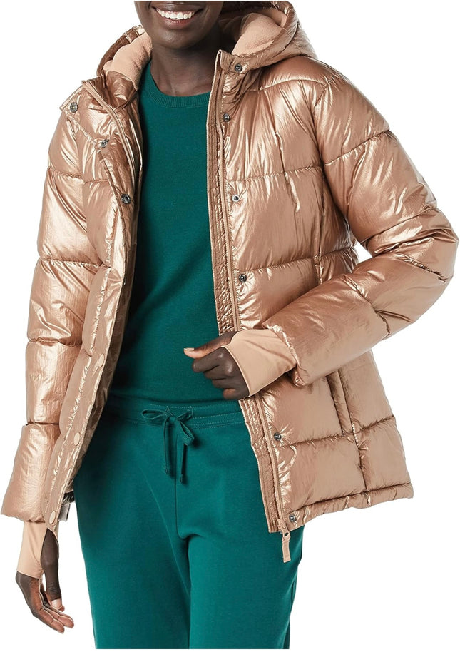 Women’s heavyweight long-sleeve hooded puffer coat in metallic taupe by Amazon Essentials, new