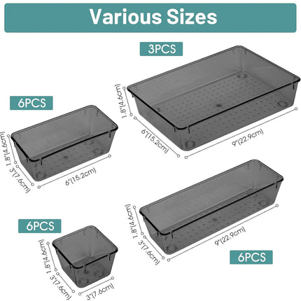 WOWBOX 21 PCS Clear Plastic Drawer Organizer Set, 4 sizes, black drawer dividers, storage bins for makeup, jewelry, office, kitchen”