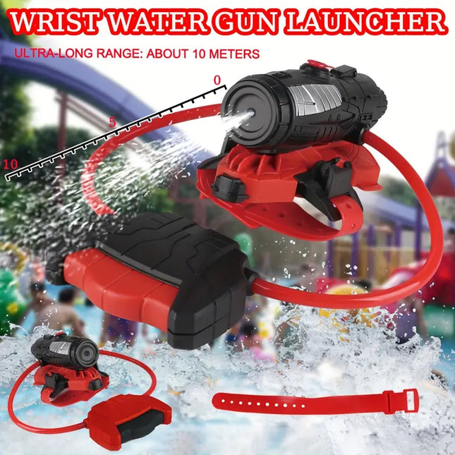 Wrist water gun launcher toy, red and black, ultra-long range, hands-free play”
