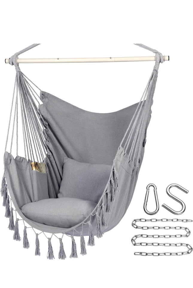 Y-STOP Hammock Chair Hanging Rope Swing, light grey, macrame chair with cushions, complete kit”