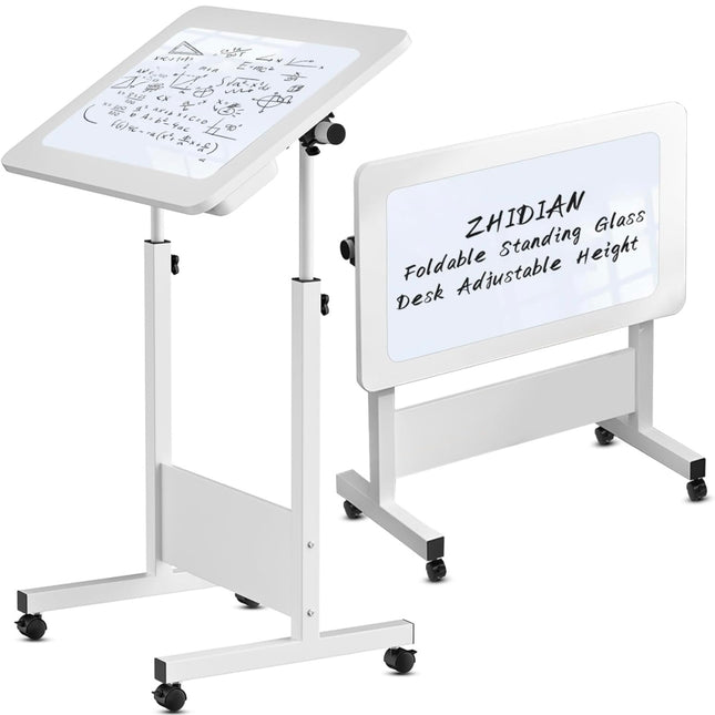 “ZHIDIAN Mobile Standing Desk, adjustable height, writing glass, foldable, tilting, rolling laptop desk, white”